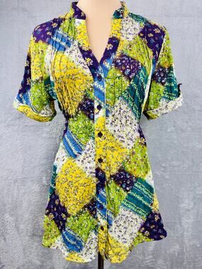 Vintage Y2K Weavers Patchwork Top Size XL Colorful V-Neck Casual Short Sleeve